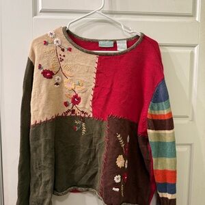 Vintage Colorful Patchwork Grandma Sweater with Floral Embroidery Size 2XL